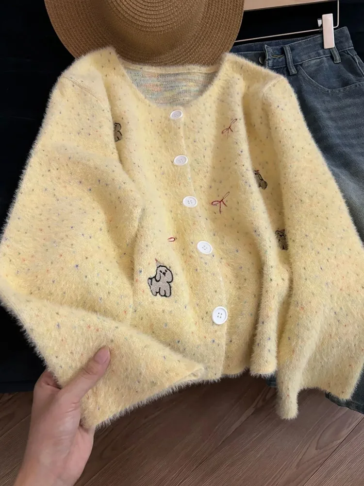

Cute Cartoon Yellow Cardigan Women Loose Sweet Faux Mink Cashmere Knitted Sweater Fall Embroidery Female Preppy Style Kawaii Top