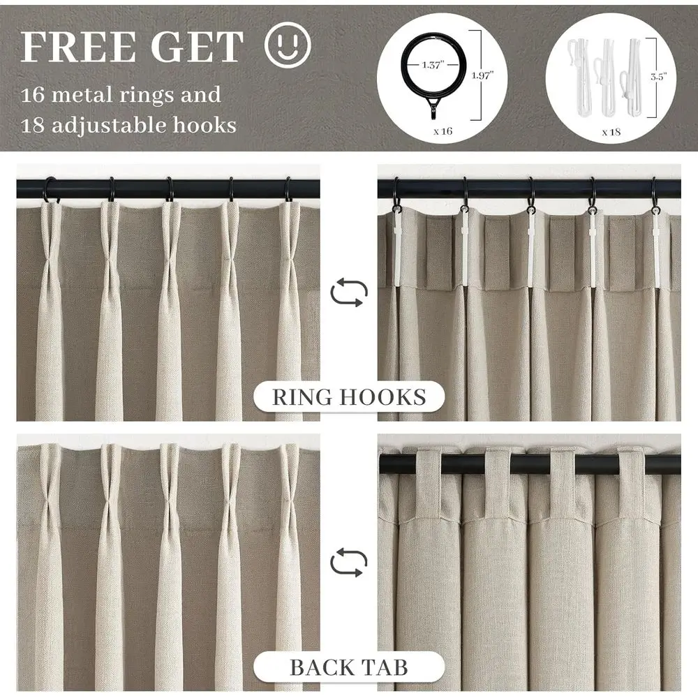 96 rideaux en lin beige gris clair avec plis pincés pour salon et chambre à coucher, 2 panneaux semi-transparents, longueur 8 pieds, filtrage de la lumière