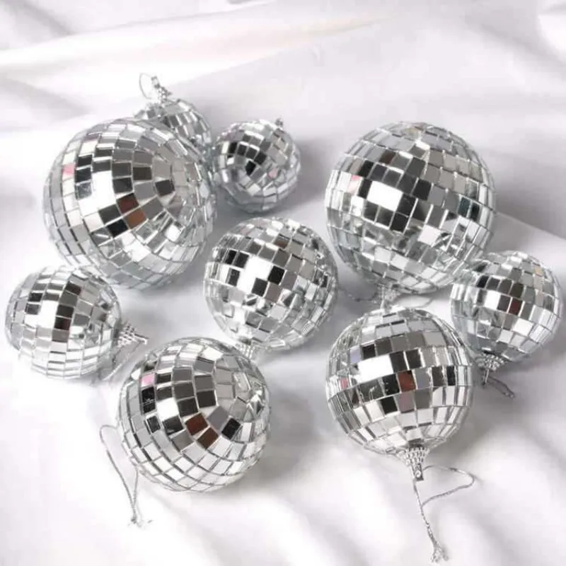 2-12cm Silver Disco Mirror Balls Christmas Balls Hanging Mirror Disco Ball Reflective Bright Disco Ball for Christmas Tree