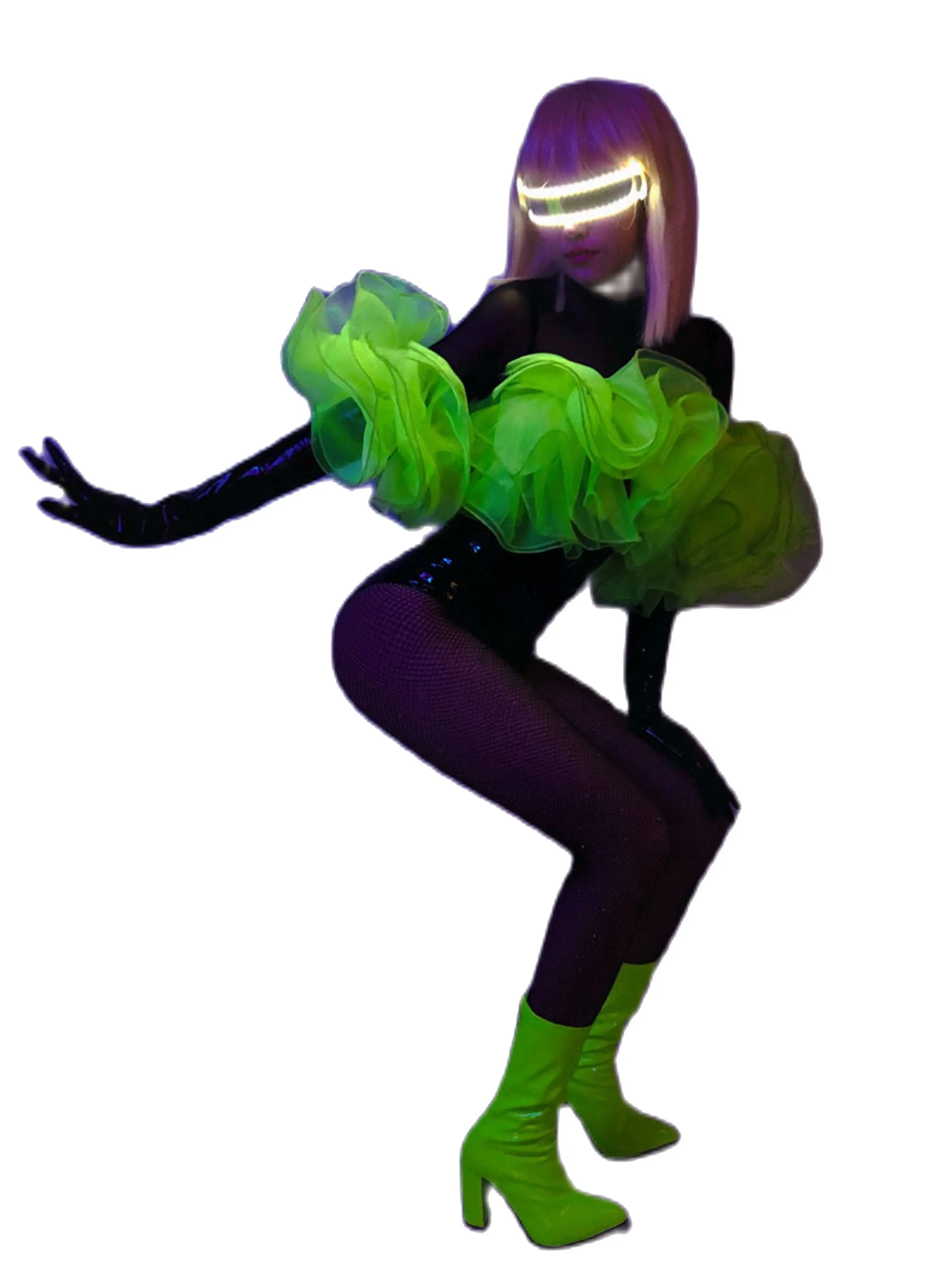 New Nightclub Gogo Dancing Costume Women Pu Leather Bodysuit Rave Outfit Fluorescent Green Lace Up Sexy Pole Dance Clothes