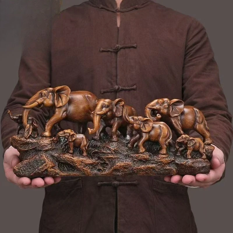Chinese Feng Shui Lucky Solid Wood Elephants Herd Statue Retro Auspicious Animals Carving Living Room Office Ornament Home Decor
