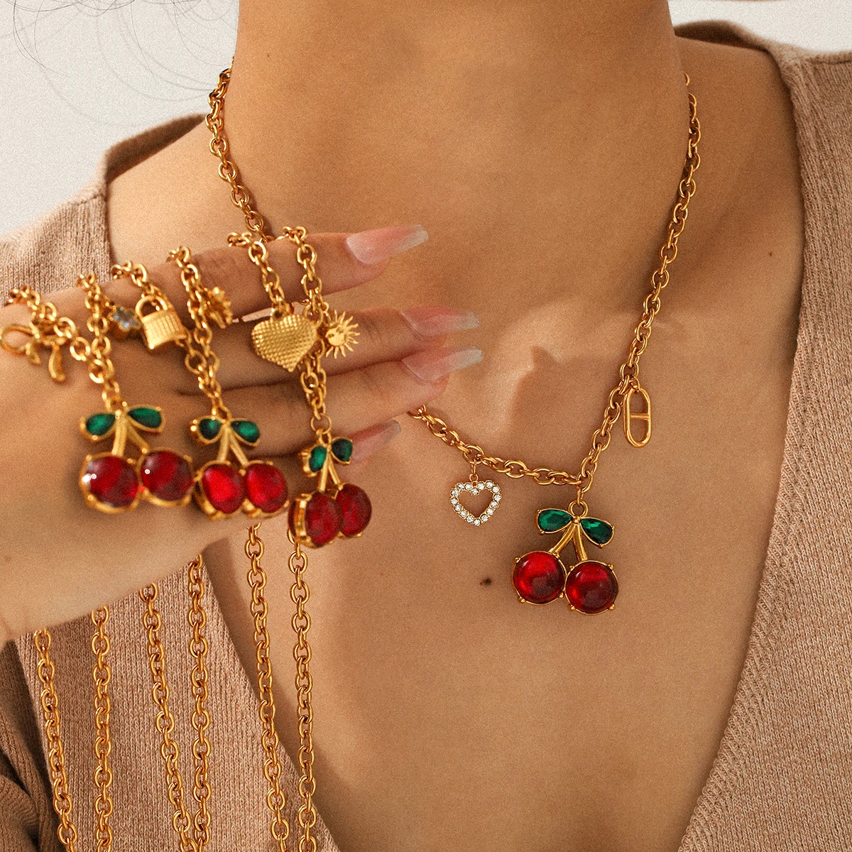 Huang Chao New Red Zircon Cherry Fruit Pendant Series Stainless Steel Heart Pendant Necklace Bow Accessory Holiday Gift