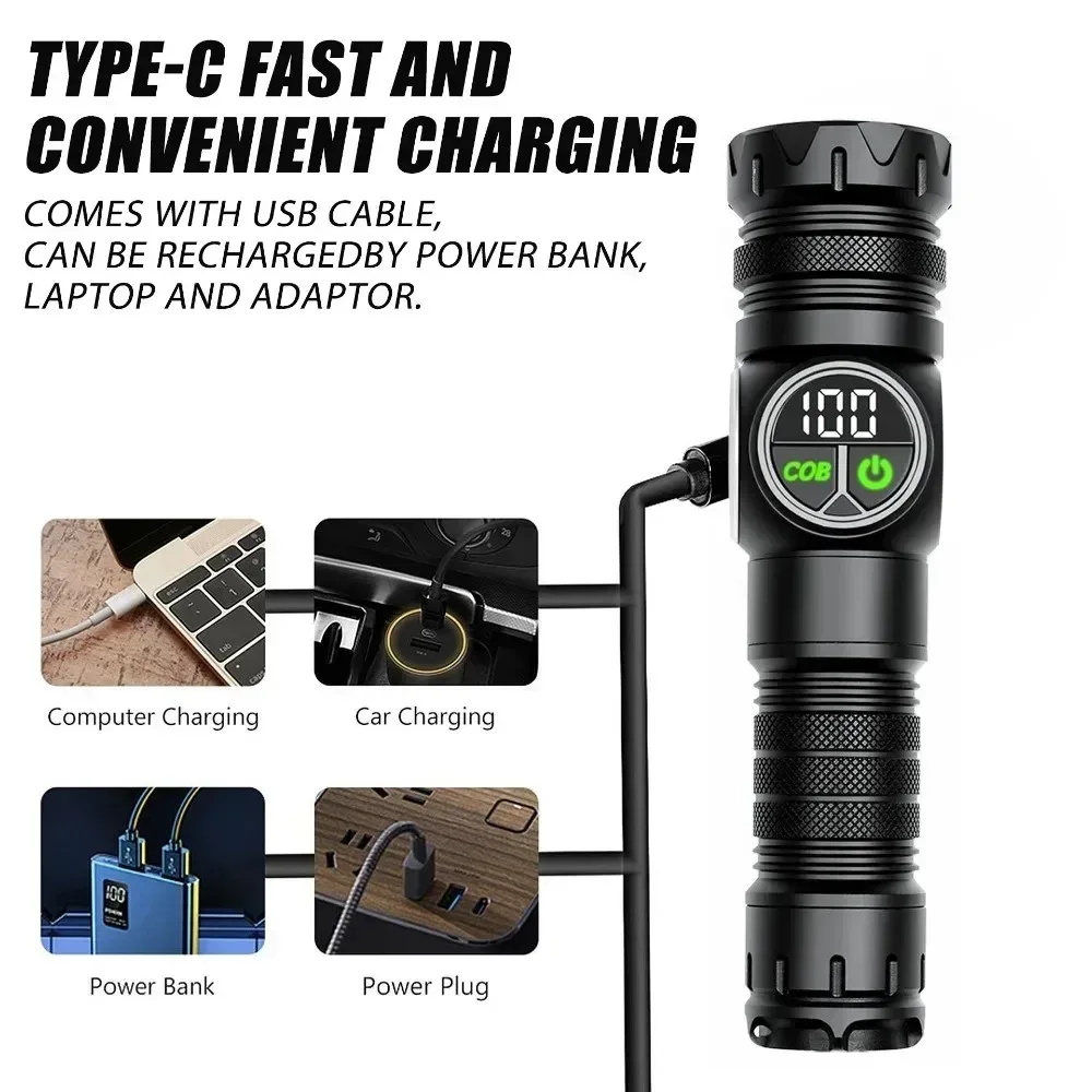 Powerful LED Flashlight Long Range Zoom White Laser with Tail Strong Magnetic Aluminum Alloy Outdoor Camping Torch Lantern