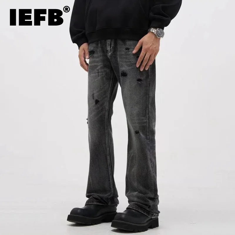 IEFB High Street Men Denim Pants Straight Worn-out Hole Washing Trousers Wide Leg Solid Color Male Jeans Autumn Menswear 9C8808