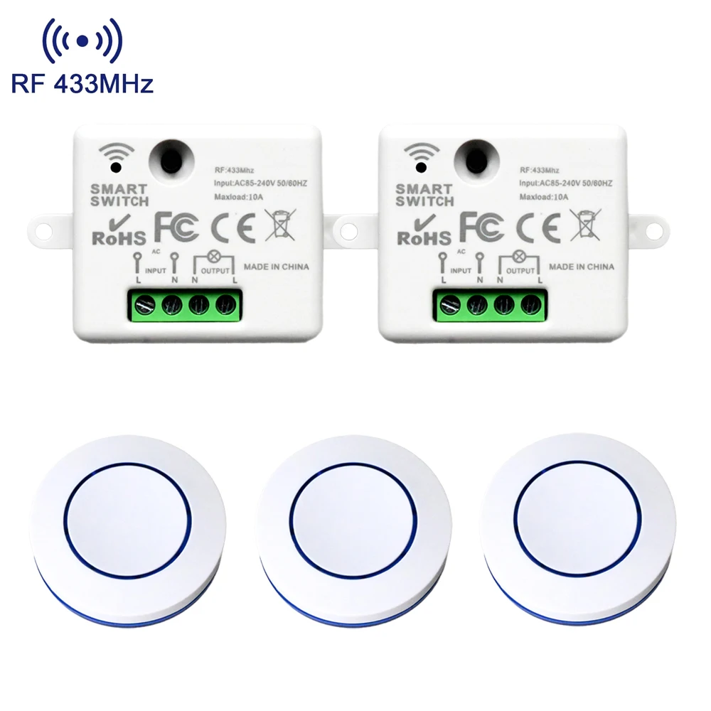 RF 433MHz Wireless 220V 110V Mini Round Button Wall Panel Switch 10A Relay Receiver Remote Control Light Switch For LED Lamp