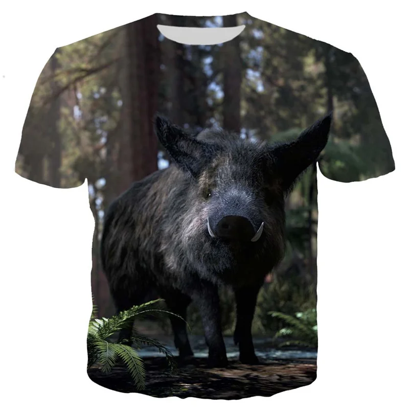 3d Printed Wild Boar Pig T-Shirt Men Graphics Black Tops Tees Casual Round Neck Short Sleeves Personalized T Shirt Streetwear