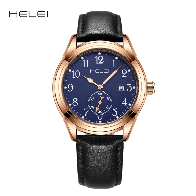 HELEI Fashion new sports casual quartz watch date genuine leather luminous strap men's wristwatch