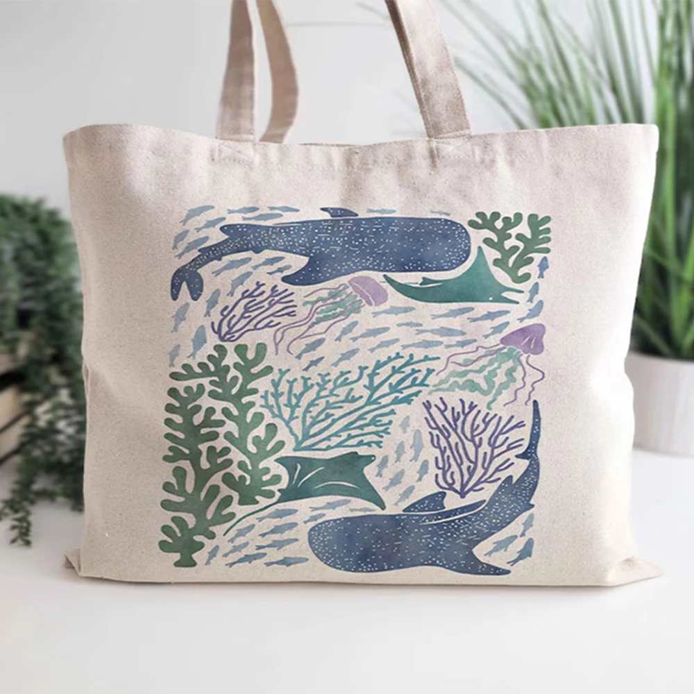 

Personalized Travel Canvas Bag Custom Ocean Theme Pattern Printed Tote Bag Summer Beach Shoulder Bag Ocean Lover Gift