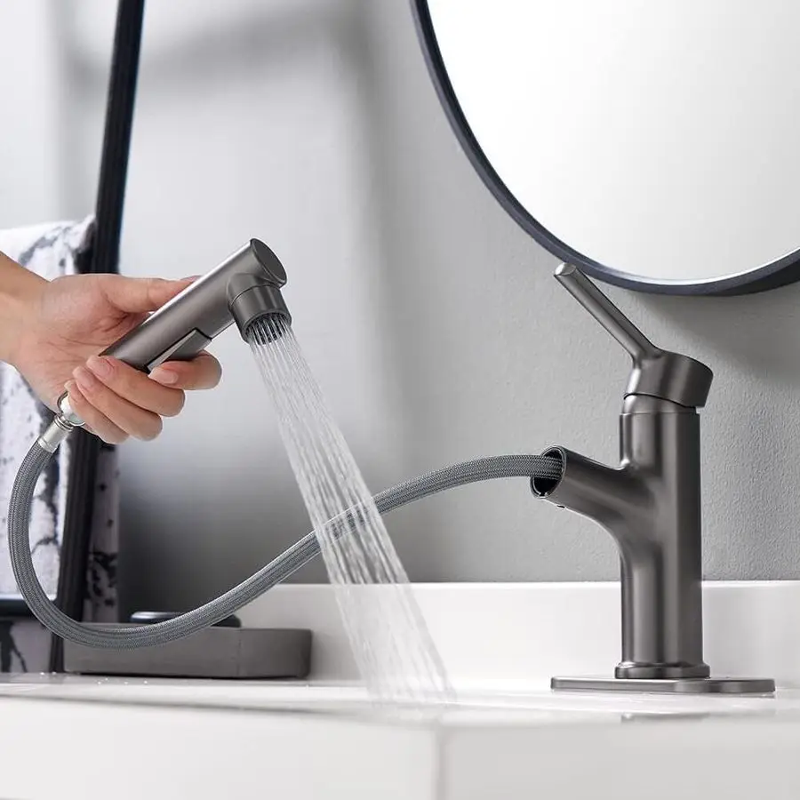 

Sink Faucet with Pull Out Sprayer Single Hole one Handle Basin Mixer Tap Pull Down Vessel Waterfall Rotating Spout Plate 1 or 4i