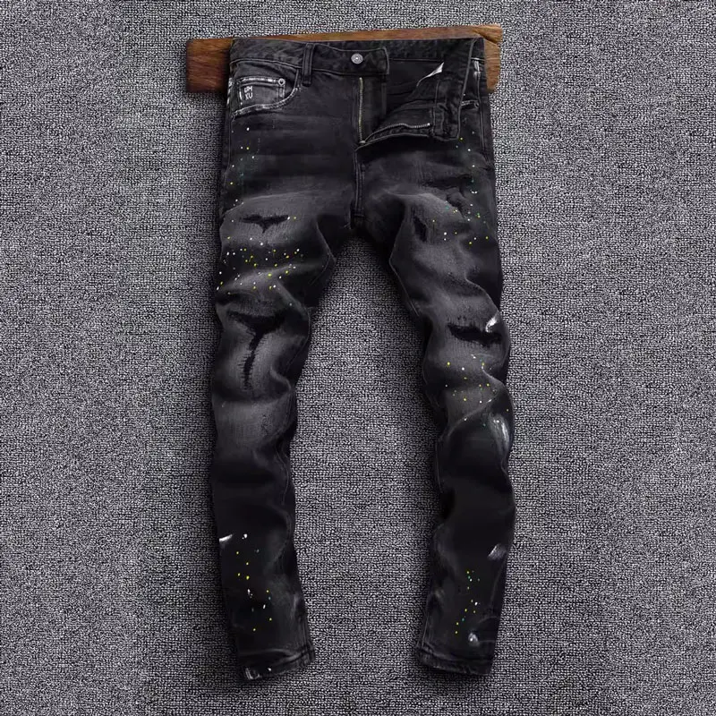 

High Street Fashion Men Jeans Retro Black Gray Stretch Slim Fit Ripped Jeans Men Painted Designer Hip Hop Denim Pants Hombre