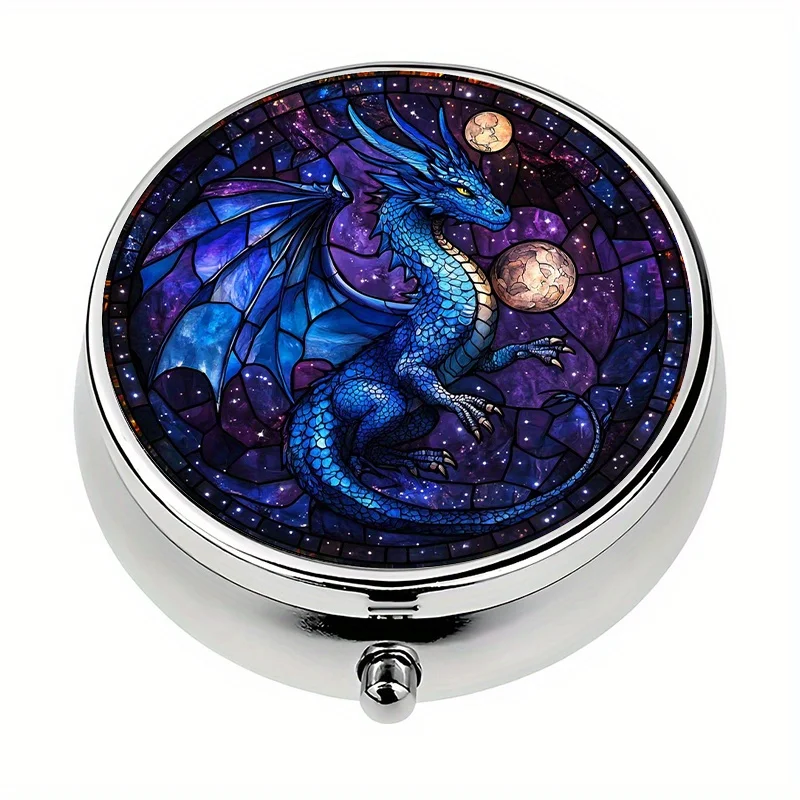 Single pack, 3-compartment pill box. Majestic dragon-pattern pill box. Decorative portable pill box. Ideal for travel - can be placed in a wallet or purse. Colorful storage box for medication and jewelry
