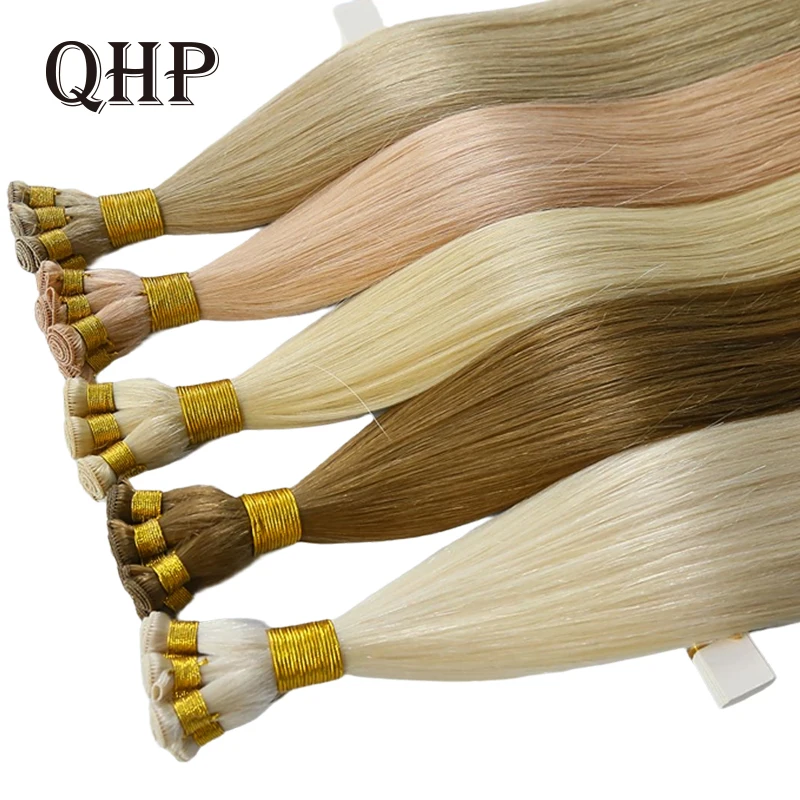 QHP Hand Tied Weft Hair Extensions 14-24inch Brazilan Remy Human Hair Weave Straight Sew in Hair Wefts Blonde Platinum Bundles