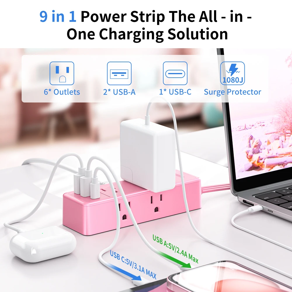 Ntonpower US Plug Pink Power Strip com 6 tomadas 2 portas USB (1 USB-C) Tomada de alimentação Cabo de extensão plano de 15 pés Filtro de rede