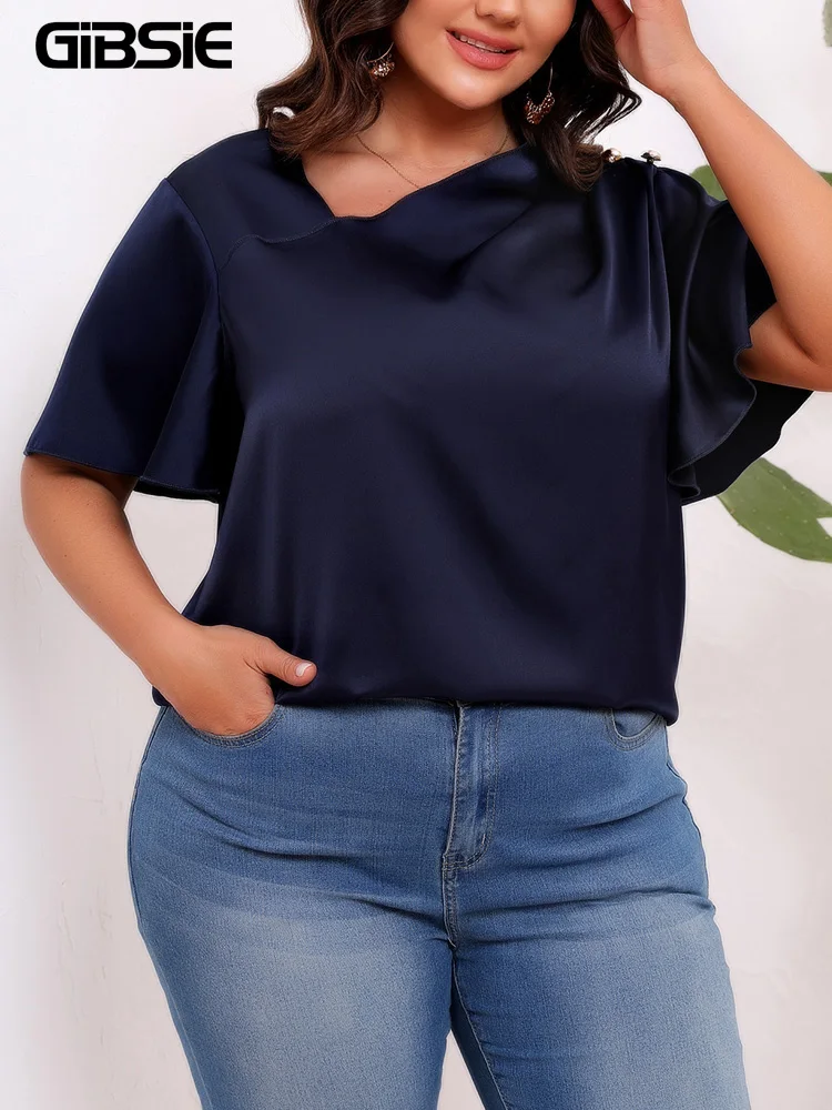 

GIBSIE Plus Size Solid Diagonal Collar Satin Loose Tops Women Summer Short Sleeve Buttons Casual Office Ladies Blouses Shirt