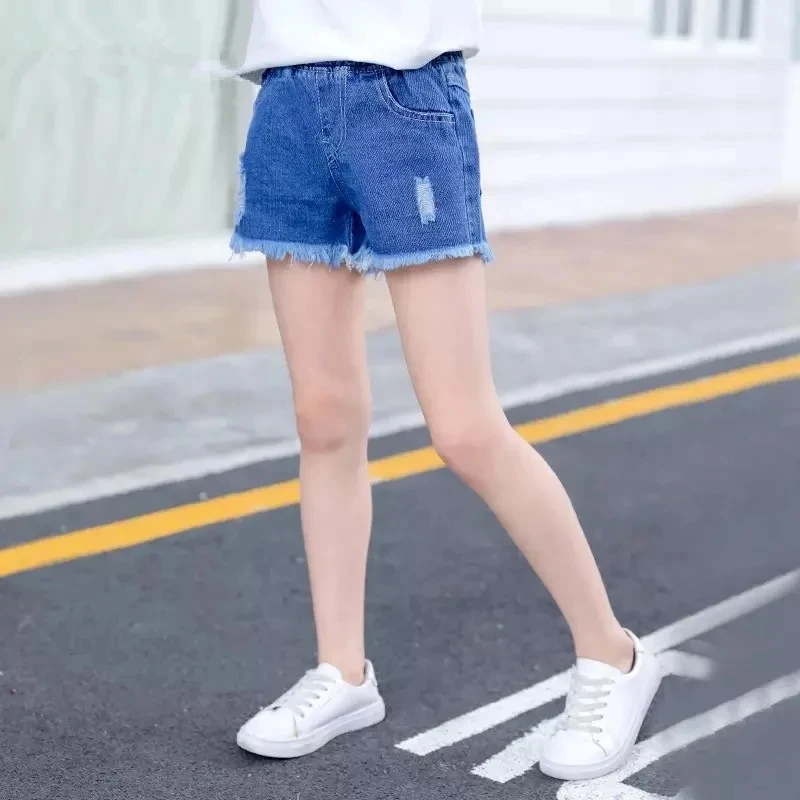 

New Summer Children's Denim Shorts Girls Korean All-match Ripped Shorts Middle Large Children Fashion Casual Loose Denim Shorts