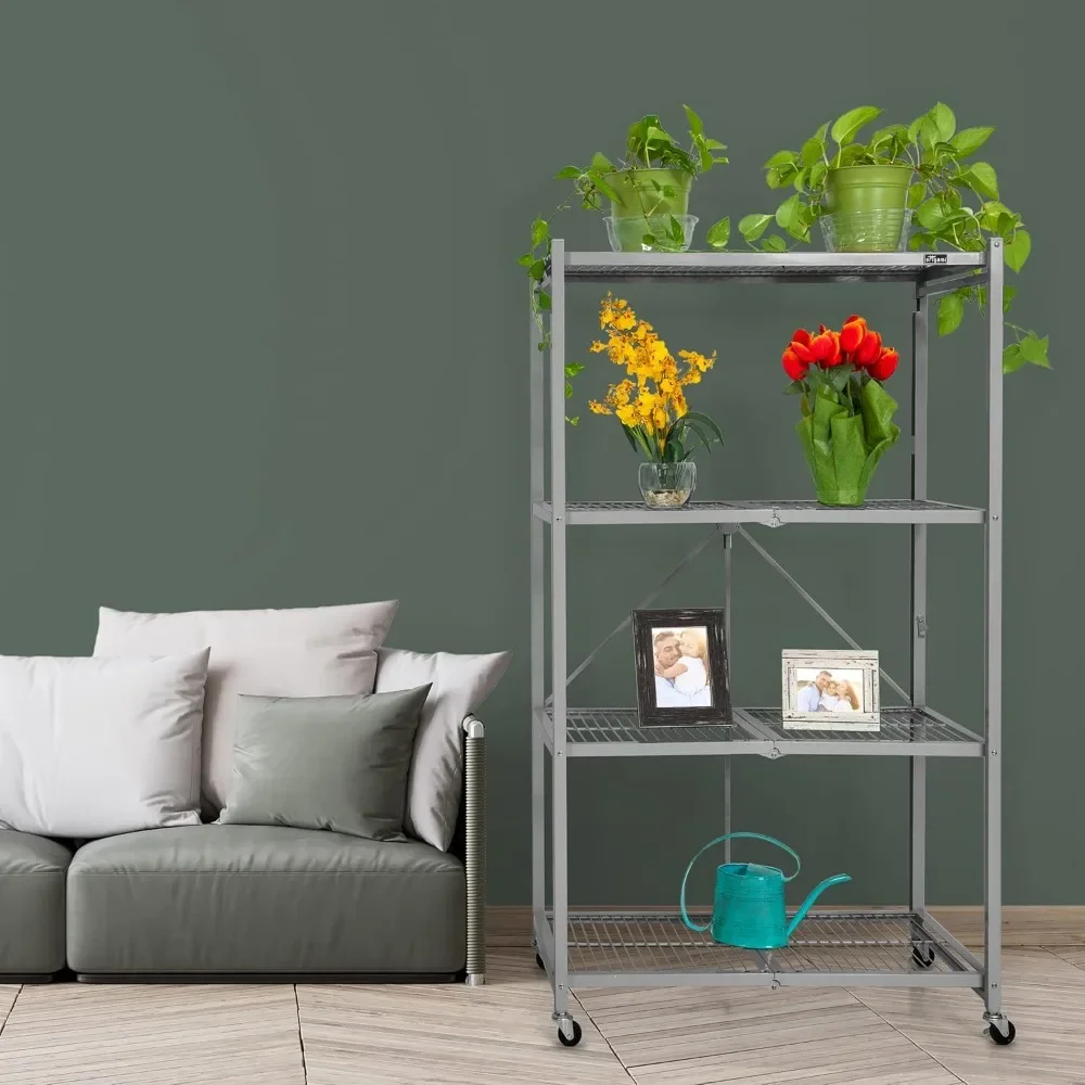 4 Tier Foldable Heavy Duty Metal Garage Storage Shelf Rack with Wheels and Powder Coated Steel for Organization