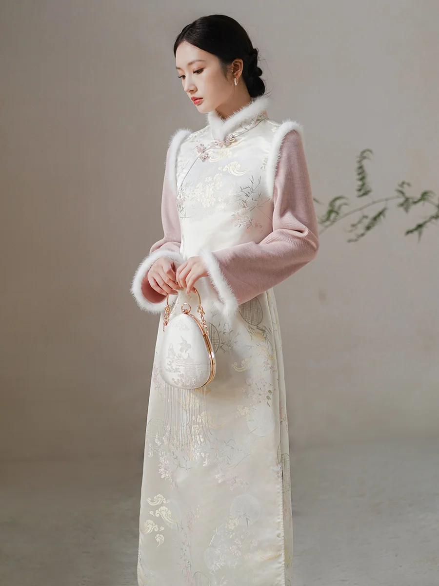 

Новое китайское женское длинное платье-ципао в национальном стиле, без разрезов, с длинными рукавами, для повседневной носки, из полиэфирного волокна