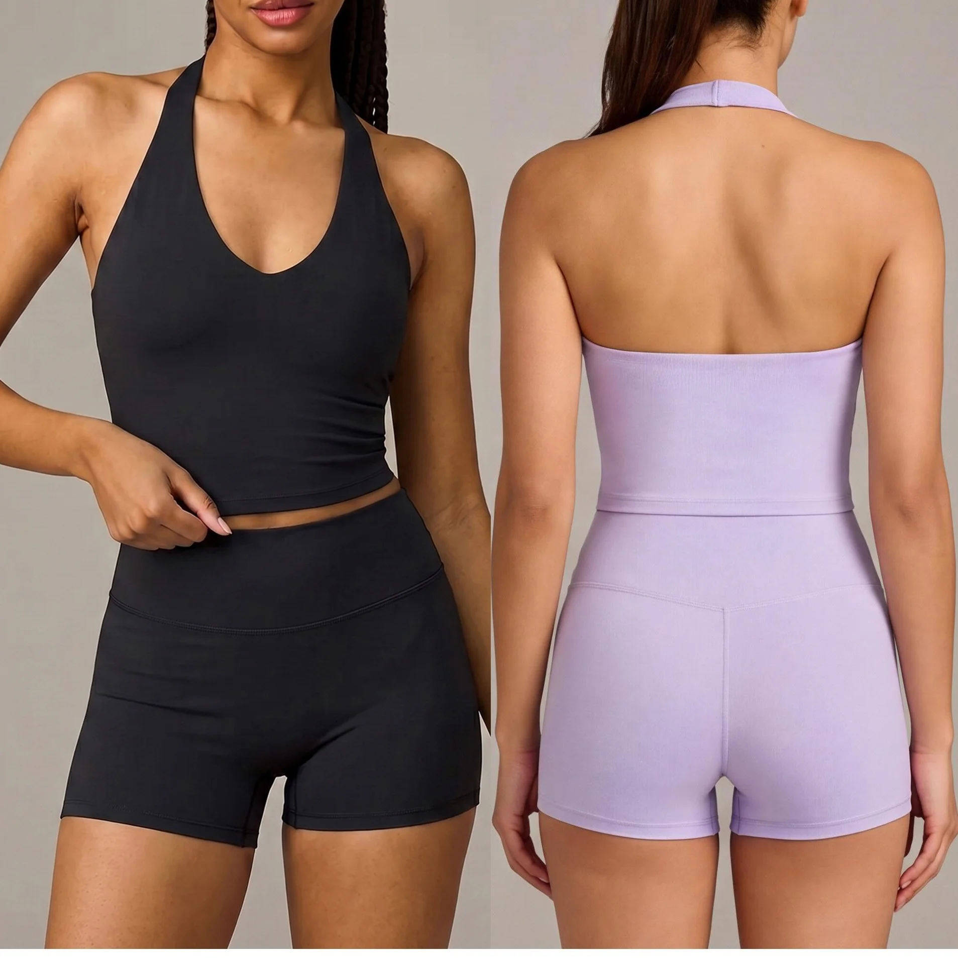 Women 2 Piece Set Halter V Neck Yoga Crop Top High Waist Tummy Control Shorts Workout Gym Fitness Activewear Backless Sports Bra