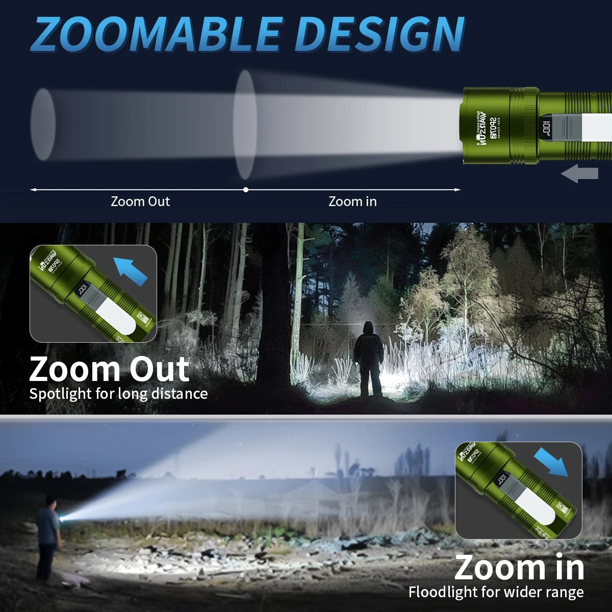 WARSUN Ultra-Bright LED Flashlight  SP07- Versatile Zoom, 3000 Lumen, Durable, Long-Lasting Battery, 3 Light Modes,for Outdoors