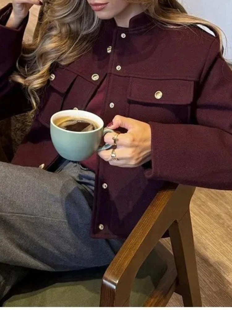 New in Spring Fashion Women Soft Tweed Bomber Jacket O-Neck Long Sleeve Pockets Buttons Loose Woolen Coat Female Streetwear