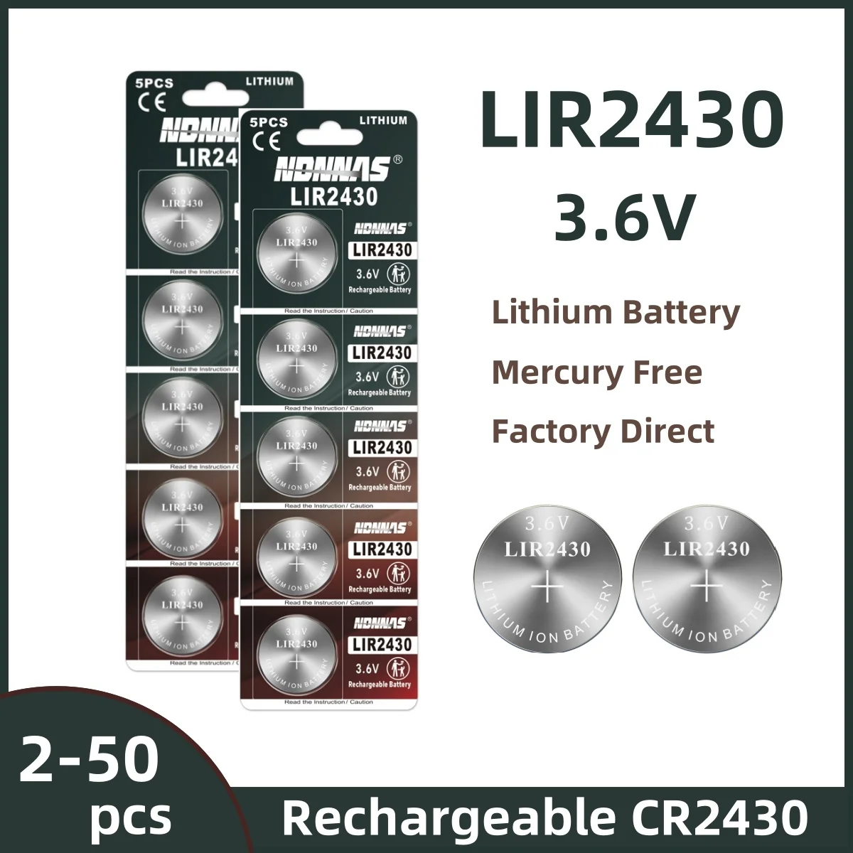 2-50pcs LIR2430 3.6V 60mAh Button Battery Rechargeable Lithium-ion Battery Coin Cell For Car Key Watch Toys Replace CR2430