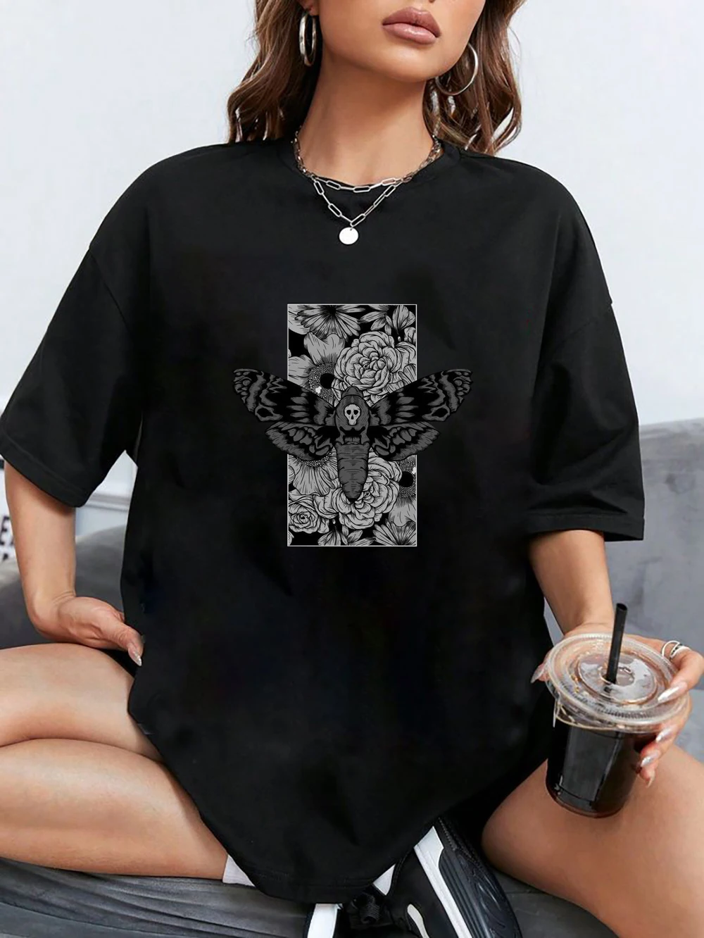 

Death Moth Graphic Tee Sugar Skull Gothic Butterfly Rock Emo Goth Hip Hop Men Women T-Shirt Short Sleeves Clothing Wholesale