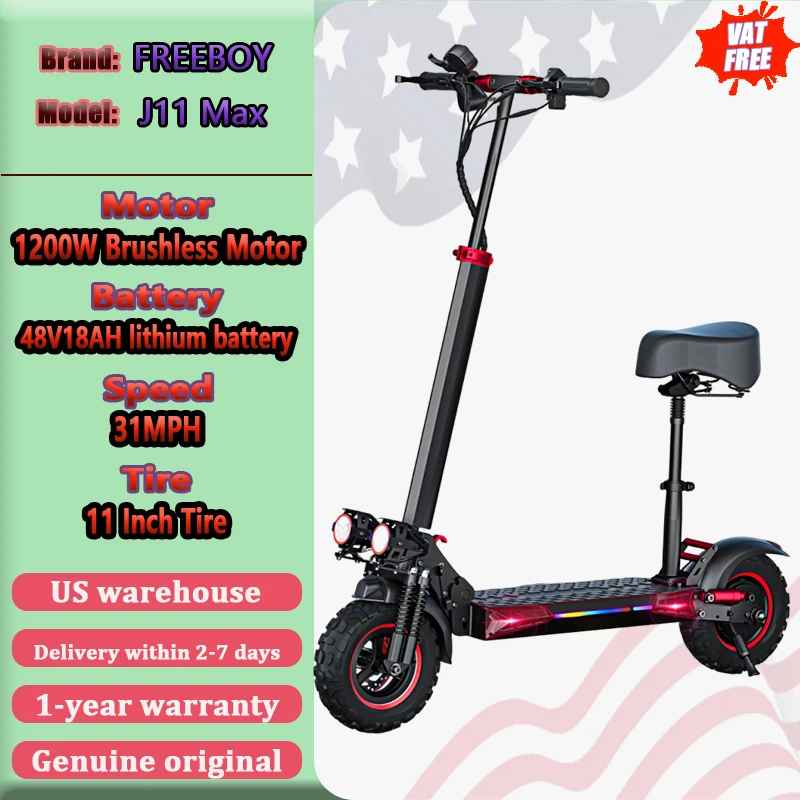 

Электрический самокат J11 Max, двигатель 1200 Вт, 48 В, 18 Ач, аккумулятор с сиденьем, электронный самокат для взрослых, 11 дюймов, городские пригородные вездеходные складные самокаты