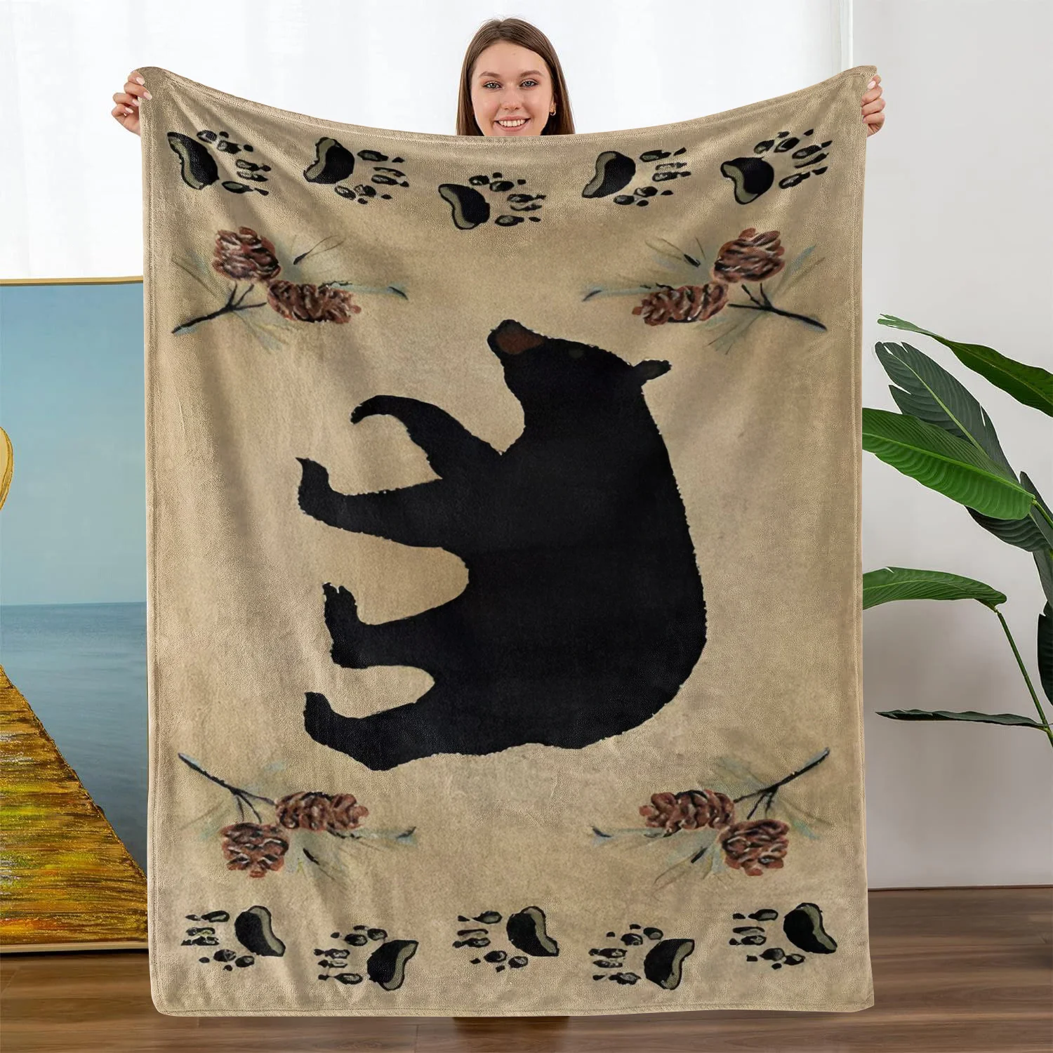 Stylish Bear Paw Print Throw Blanket Woodland Animal Cozy Fleece Wrap Decorative Throw for Living Room Bedroom Decor Gift Rustic