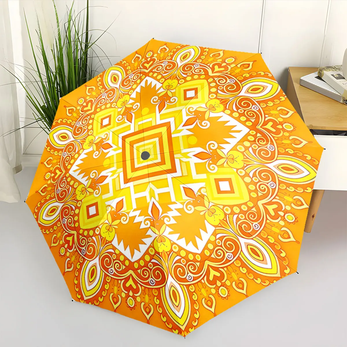 1PC Bold Geometric Design on Vibrant Orange Umbrella Print 8 Iron Ribs Folding Umbrella Auto-Open Fashion Sunshade