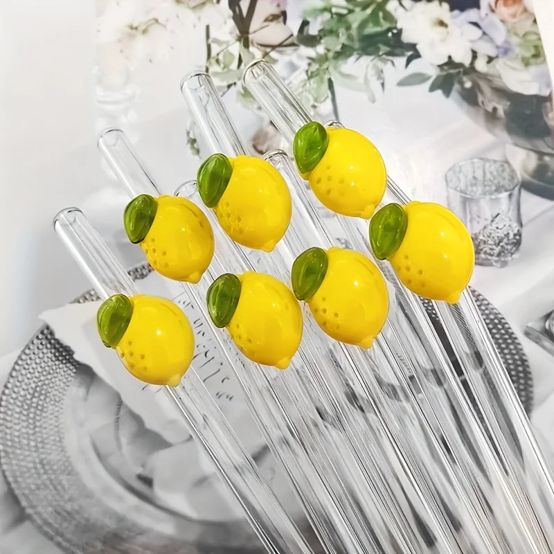 1set Lemon-Themed Glass Heat-Resistant, Reusable Drinking Straws Kitchen Accessories Drink Stirring Straws Curved Straws