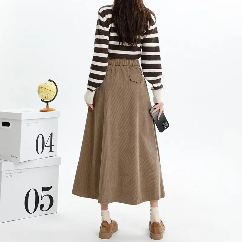 GUUZYUVIZ 2023 Autumn Winter Corduroy A-line High Waist Half Skirt For Women Korean Version Versatile And Slim