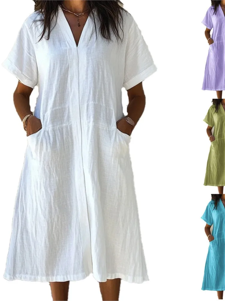 New Casual  V-neck Loose Dress Women Summer Short Sleeve Solid Cotton Linen Midi Dress Female Retro Fashion A Line Vestidos