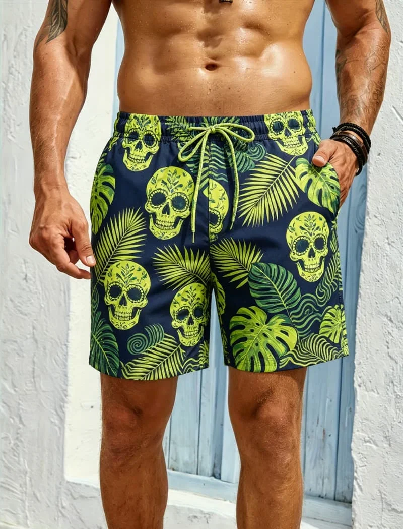 Men's Day of the Dead skeleton print quick drying beach shorts, casual version, suitable for beach play and summer vtion.