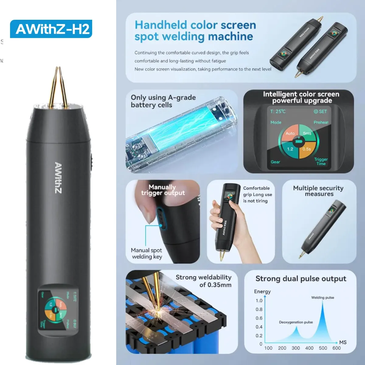 AWithZ H2 Portable Spot Welding Pen Tool Kit 90 Gears Adjustable Spot Welder Energy Storage for 18650/26650/36650 Battery Repair