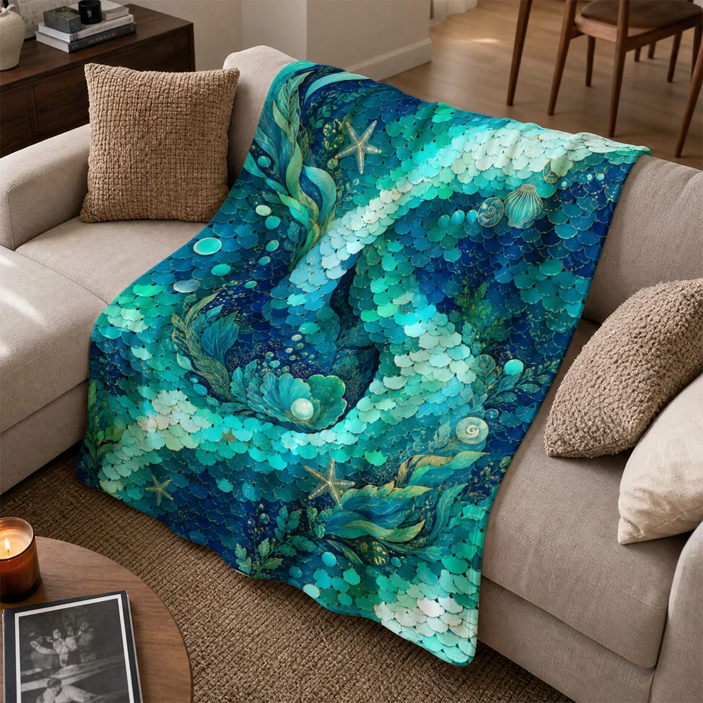 Teal Mermaid Scale Throw Blanket Ocean Life Aquatic Deep Sea Pattern Sofa Decor Cozy Winter Throw for Living Room Home Accent