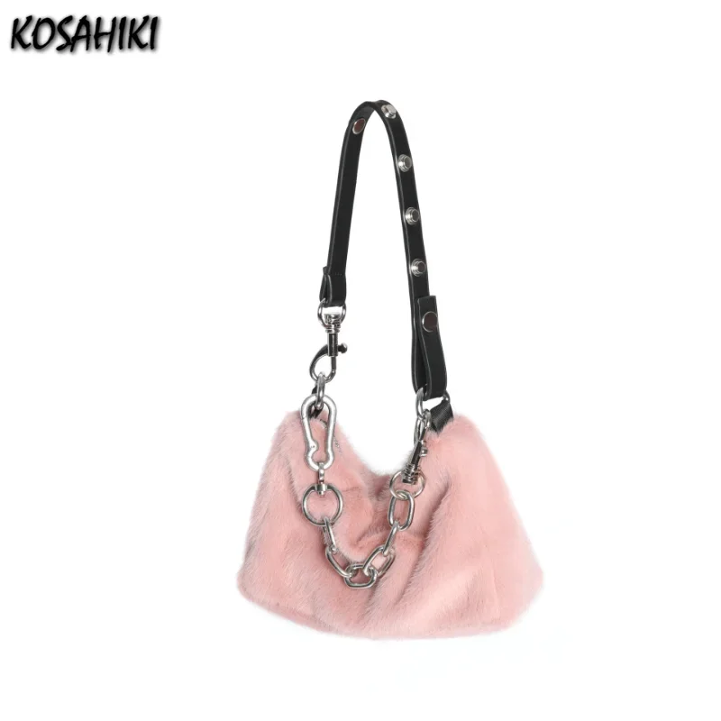 New Fashion Y2k Aesthetic Shoulder Handbags Fluffy Sweet Chain Chic Top-Handle Bags Trendy Japanese Kawaii Underarm Bag Women