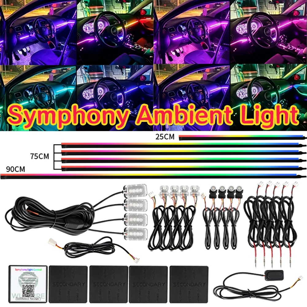 18 in 1 Car Ambient Light 64 Colors RGB Symphony Interior Acrylic LED Strip Light Hidden Music APP Control Atmosphere Lamp