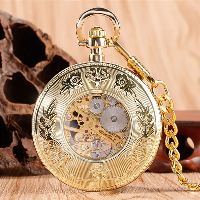 Luxury Yellow Gold Pocket Watch Unisex Handwind Mechanical Watches Skeleton Clock Open Face with Pendant Chain Relgio De Bolso