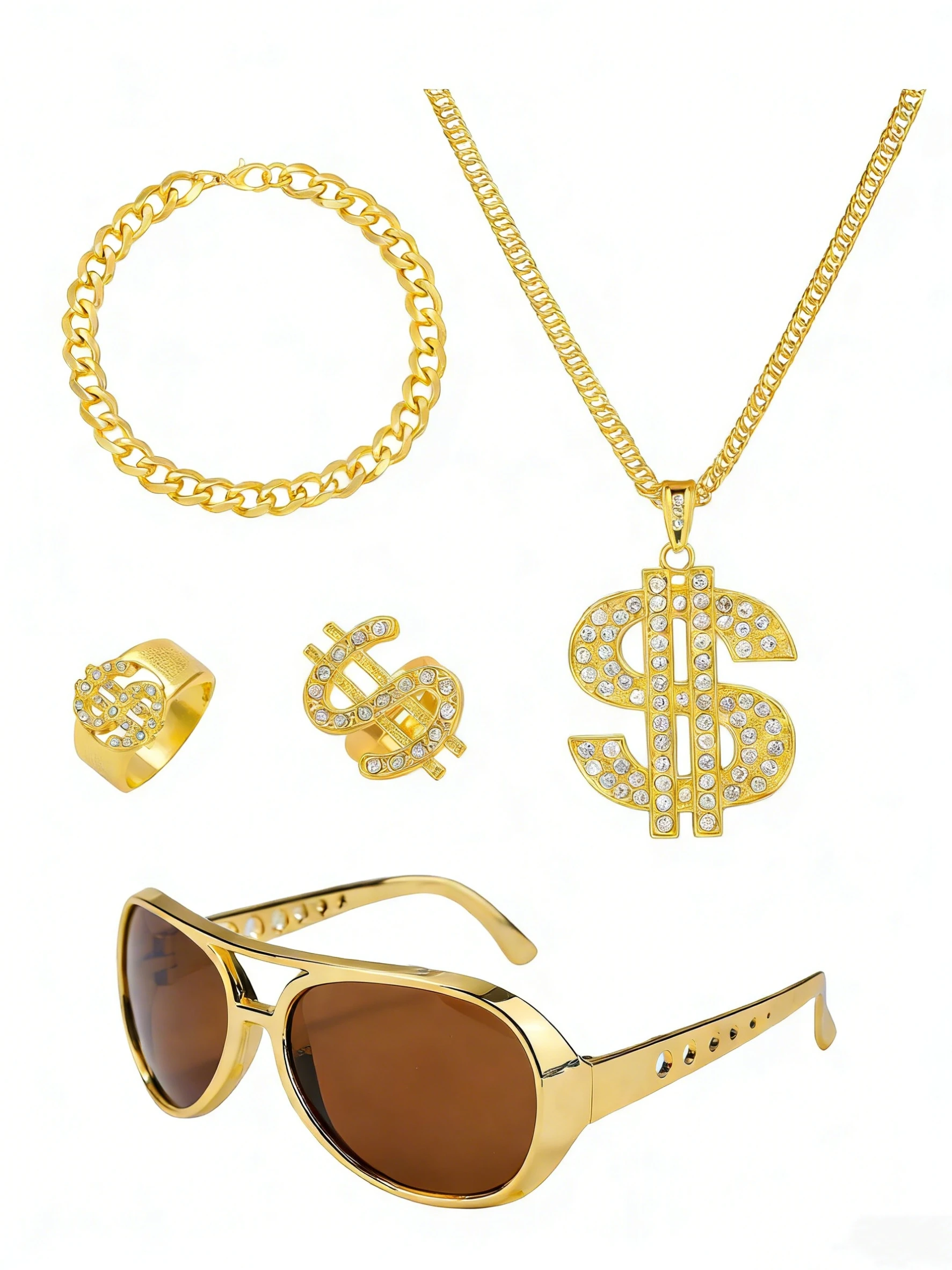 5Pcs 80S 90S Hip-Hop Men's Accessory Set, Retro Rapper Cosplay Set, Includes Dollar Necklace, Ring, Bracelet, Sunglasses, Party