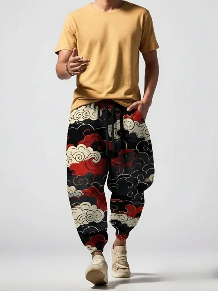 Men's Japanese Harem Pants Fashion Cloud Art Print Loose Drawstring Waist Sweatpants Oversized 2026 Man Wide Sports Long Trouser