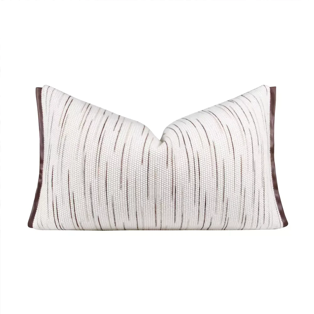 Cream White Vertical Thin Stripe Textured Lumbar Pillow Cover Brown Faux Leather Trim Sofa Cushion Cover 30x50 45x45