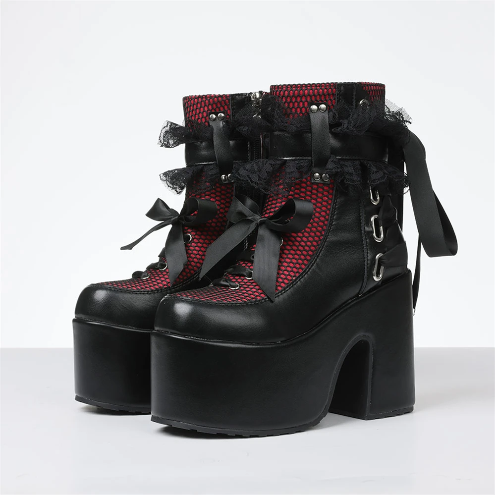 Y2k Готические короткие ботинки женские на платформе на массивном высоком каблуке с бантом и кружевным декором Модные женские ботильоны в стиле панк Осенняя обувь на Хэллоуин W