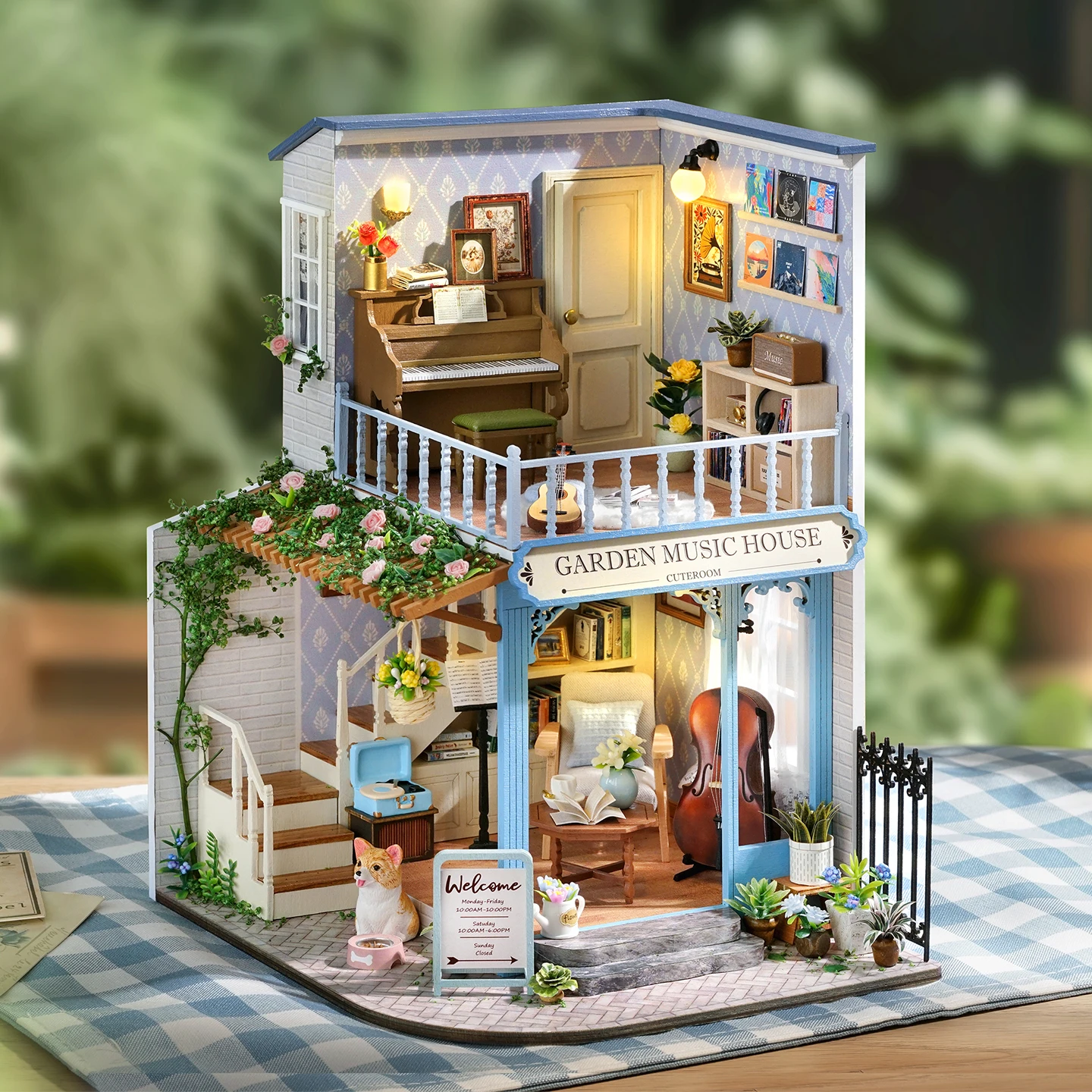 Casa musical de jardín DIY, Kit de modelo en miniatura de madera, rompecabezas 3D, casas de muñecas de café con muebles, casa de muñecas para regalos de amigos