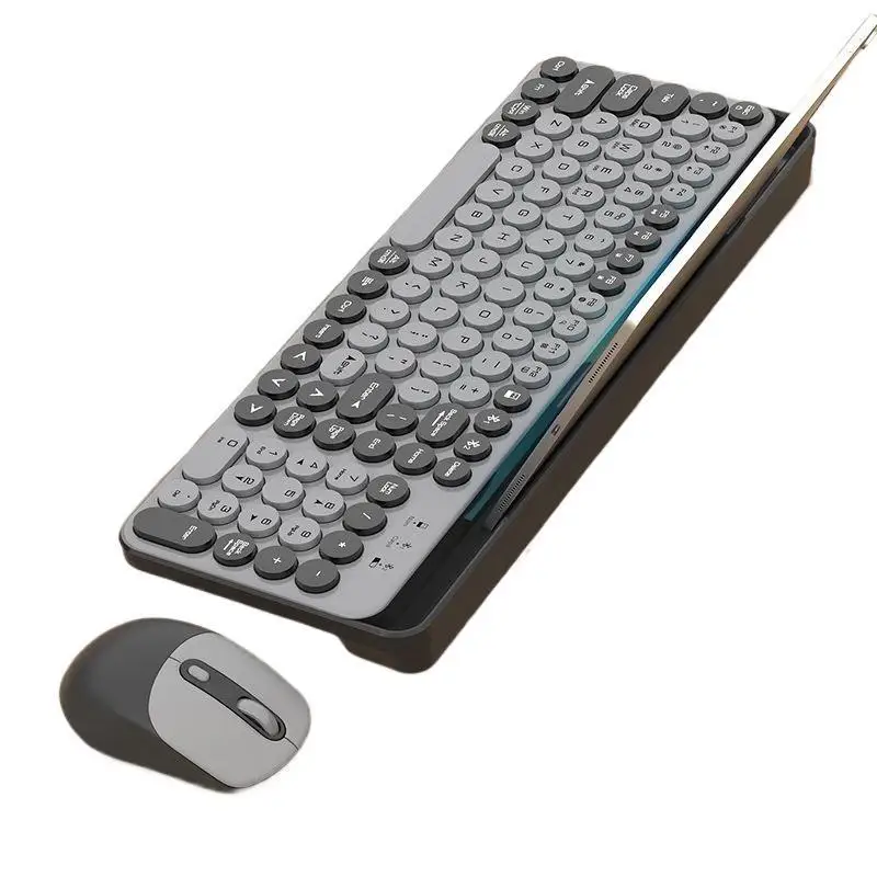 

New Bluetooth wireless keyboard and mouse set, retro round button high-value mobile phone tablet silent girl