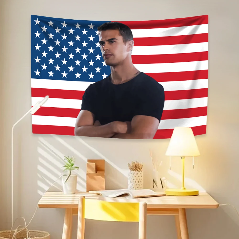 Tapiz de Actor británico Theo James, bandera americana, decoración del hogar, colgante de pared, decoración de habitación, dormitorio, fondo de tela, regalo para seguidores