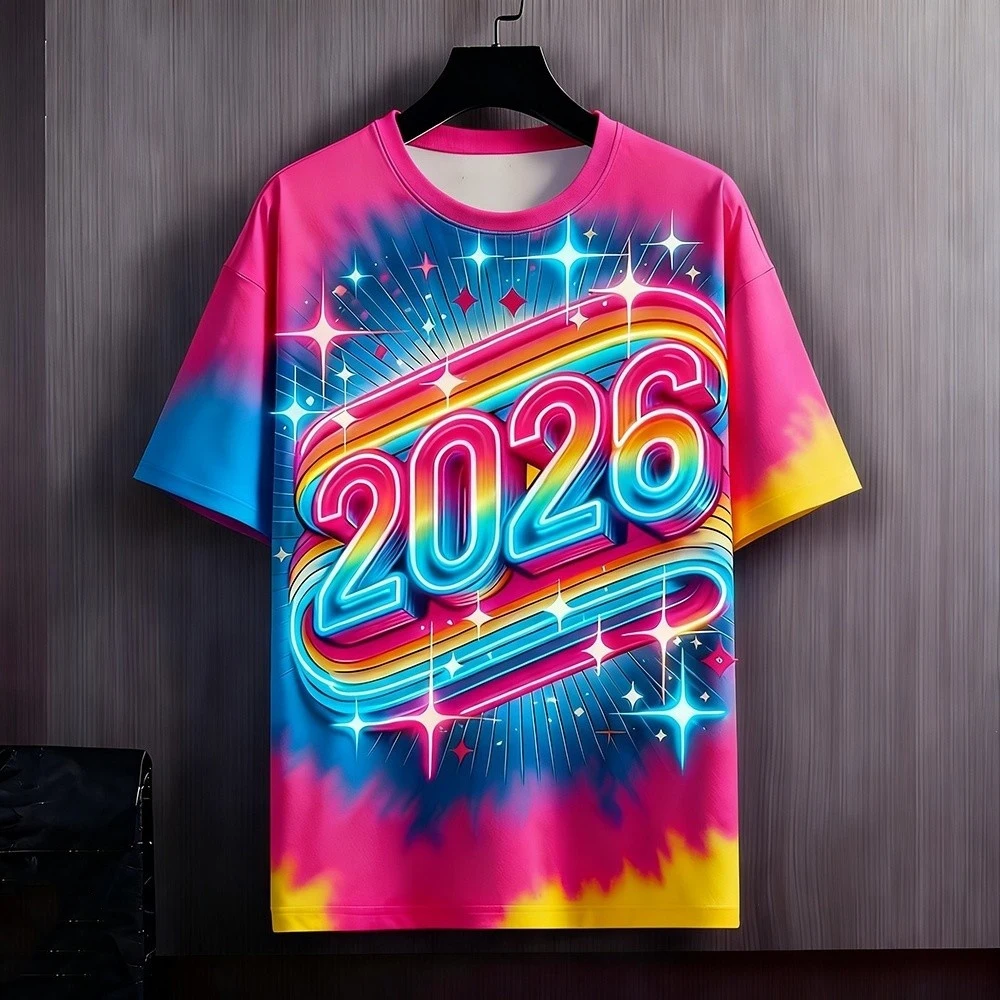 

Крутая неоновая футболка с 3d принтом 2026 С Новым годом, уличная фестивальная одежда, индивидуальная модная футболка с короткими рукавами, Рождественский топ