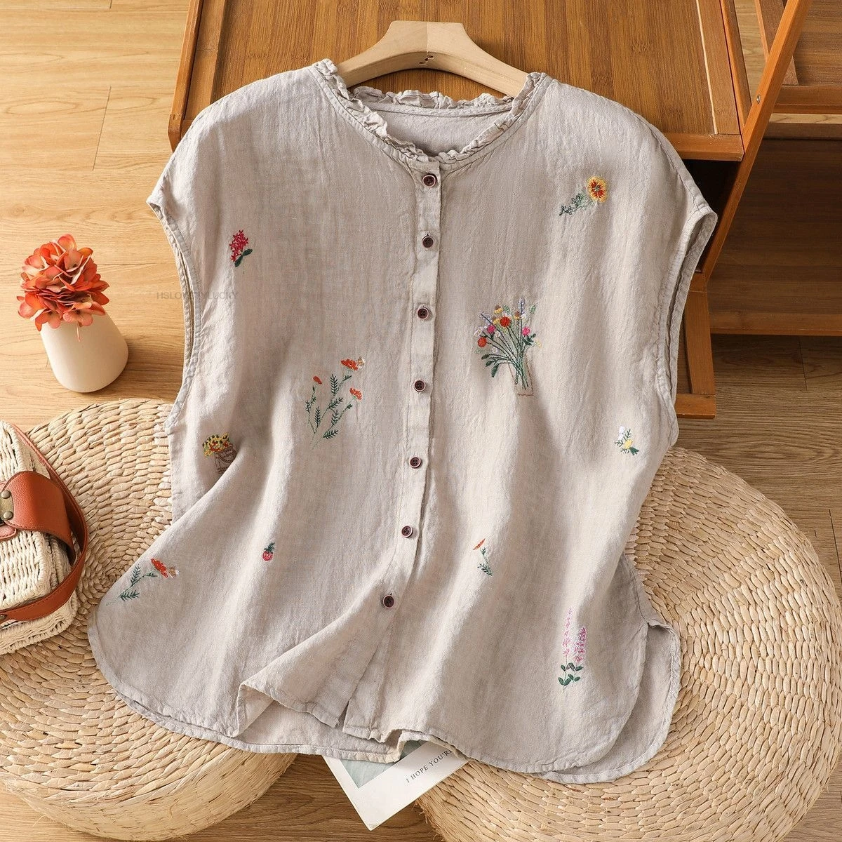 

Chinese Vintage Vest Embroidered Cotton And Linen Sleeveless Shirt Women Summer Ruffled Collar Stylish Casual Pure Cotton Vest