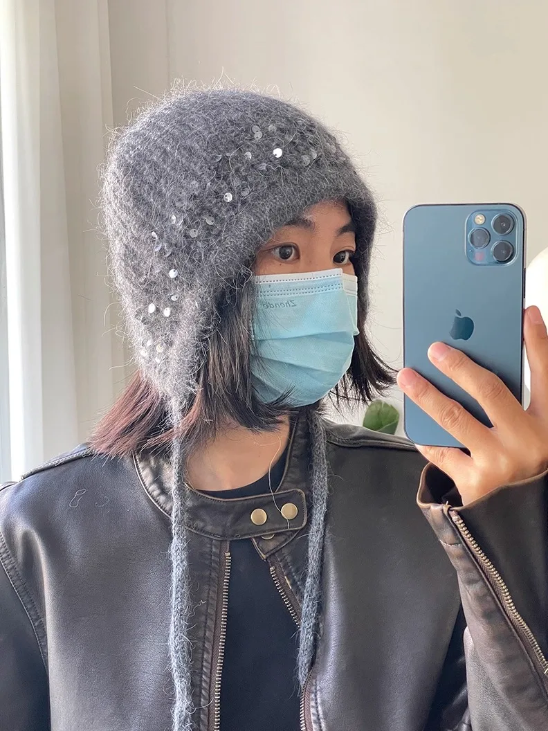 مطرزة محبوك الأرنب الفراء المخلوطة سبليت تصميم الصوف منفذها قبعة المرأة الشتاء الدفء في الهواء الطلق حماية الأذن قبعة صغيرة محبوكة قبعة