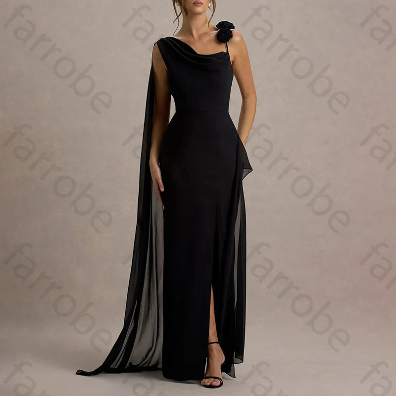

Elegant One Shoulder Evening Dresses Sexy 3D Flower Black Slit Backless Celebrity Dress High Quality Prom Party Gowns Customized