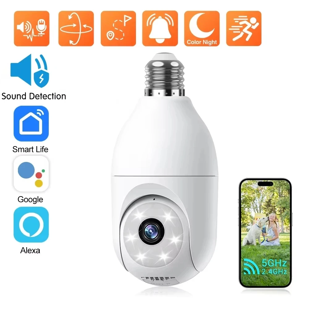 

Techage 2-мегапиксельная Wi-Fi камера 5 ГГц Smart Life Video 2-сторонняя аудиосистема обнаружения движения Поддержка Alexa Security Bulb Камера наблюдения